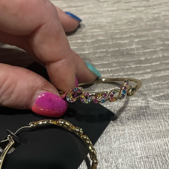 Coach Gold Colorful Rhinestone “Coach” Hoop Earrings BRAND NEW - Picture 2 of 2